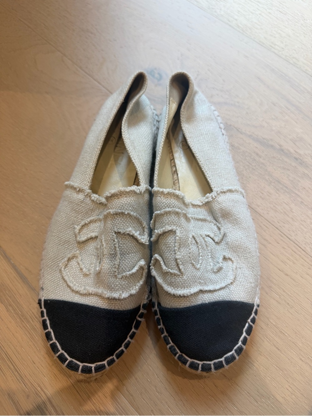 CHANEL Beige Canvas Espadrilles with Black Toe Cap